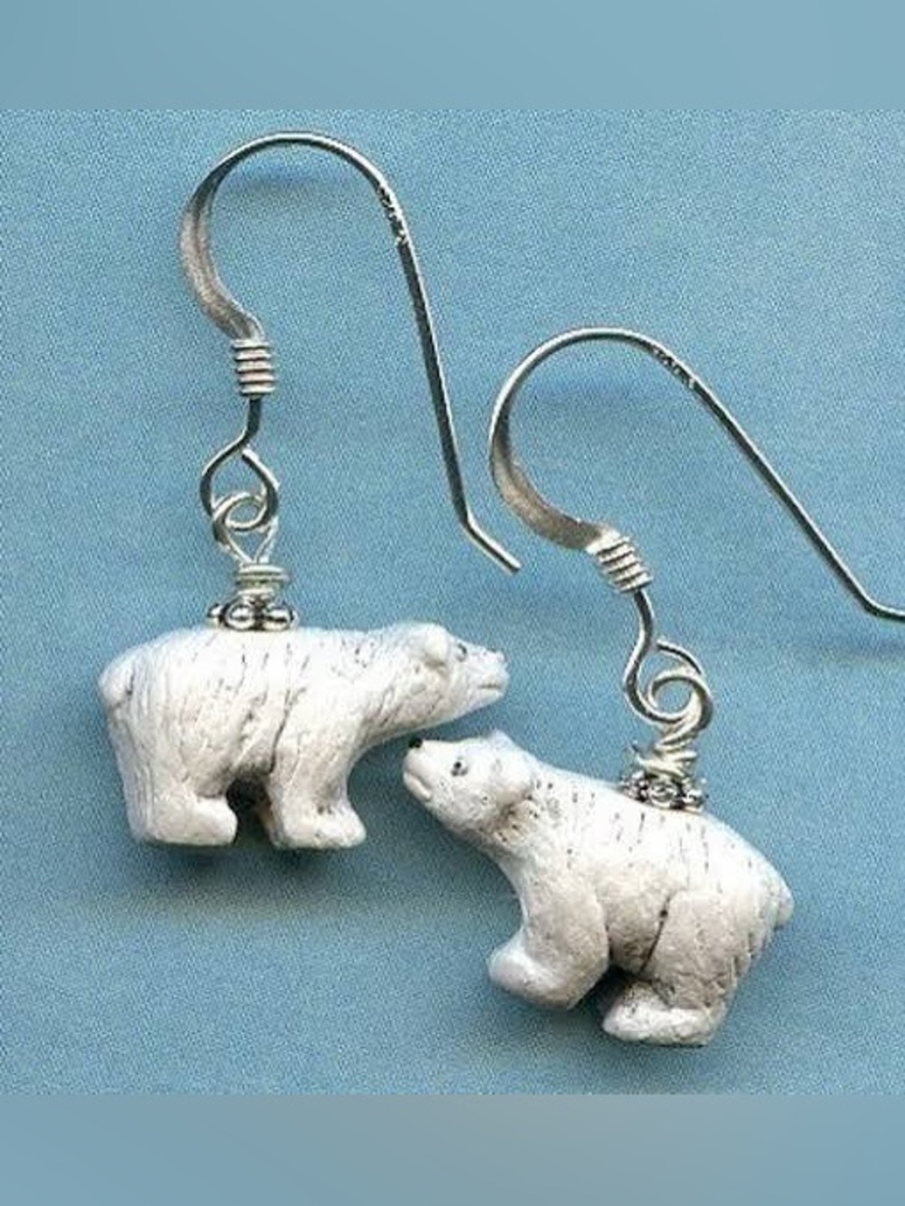 Hand-Carved Bear Drop Earrings in Cream with Silver Hooks